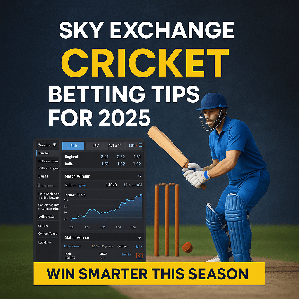Realistic cricket player with betting dashboard showcasing Sky Exchange cricket betting tips for 2025